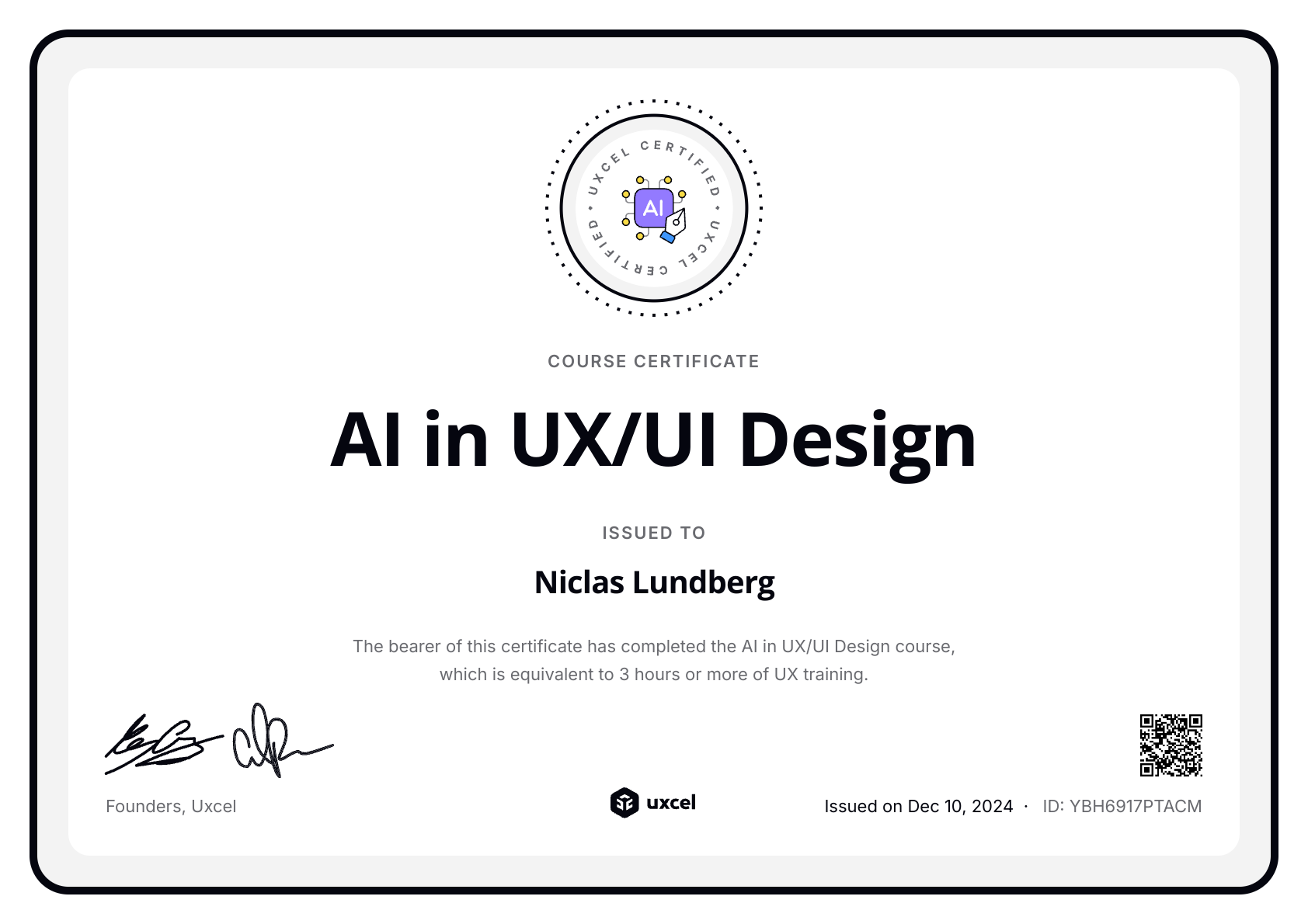 Niclas Lundberg's certificate
